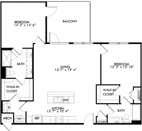 The Tango with 2 Bedrooms, 2 Baths one with standalone shower. Kitchen with island open to living area