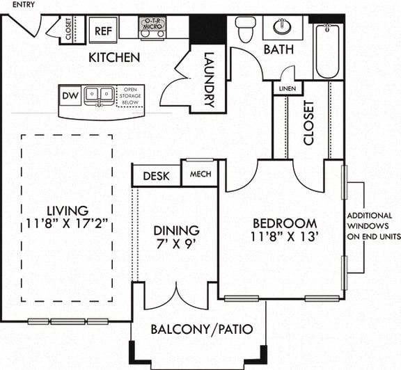 The Budapest. 1 bedroom apartment. Kitchen with island open to living/dining rooms. 1 full bathroom. Walk-in closet. Patio/balcony.