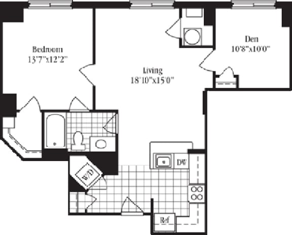 1 bed 1 bath floorplan for The Chadsworth, at Wentworth House,North Bethesda, MD