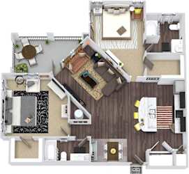 The Driftwood 3D. 2 bedroom apartment. Kitchen with island open to living/dinning rooms. 2 full bathrooms. Walk-in closets. Patio/balcony.