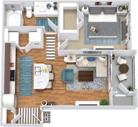 The Lonestar 3D. 1 bedroom apartment. Kitchen with island open to living room. 1 full bathroom. Walk-in closet. Patio/balcony.