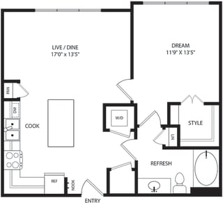 1 bedroom, 1 bath floorplan. entry nook. l-shaped kitchen with island and pantry. open to living/dining. Washer/dryer. linen and walk-in closet.