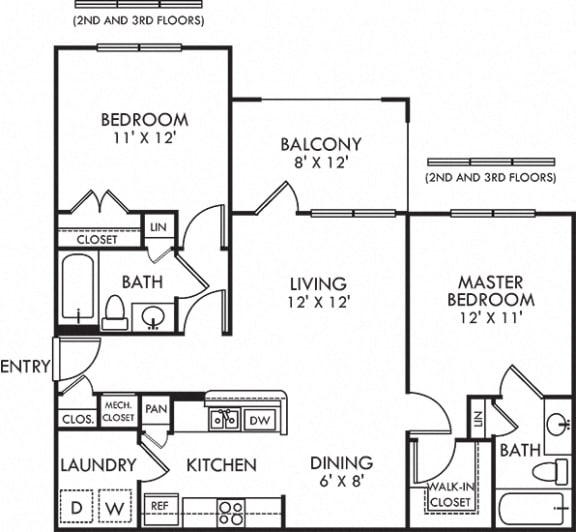 Cedar. 2 bedroom apartment. Kitchen with bartop open to living/dinning rooms. 2 full bathrooms. Walk-in closet in master. Patio/balcony.