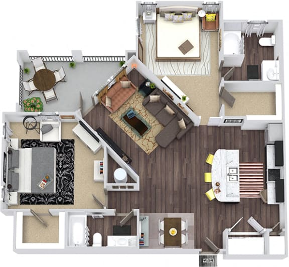 The Driftwood 3D. 2 bedroom apartment. Kitchen with island open to living/dinning rooms. 2 full bathrooms. Walk-in closets. Patio/balcony.