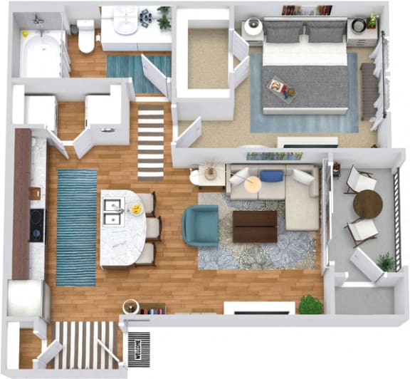 The Lonestar 3D. 1 bedroom apartment. Kitchen with island open to living room. 1 full bathroom. Walk-in closet. Patio/balcony.
