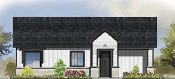 a rendering of a white house with a black roof