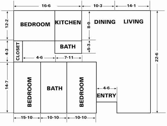 A drawing of a house layout with labeled rooms and dimensions.