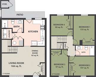  Floor Plan 4-Bedroom, 2-Bath