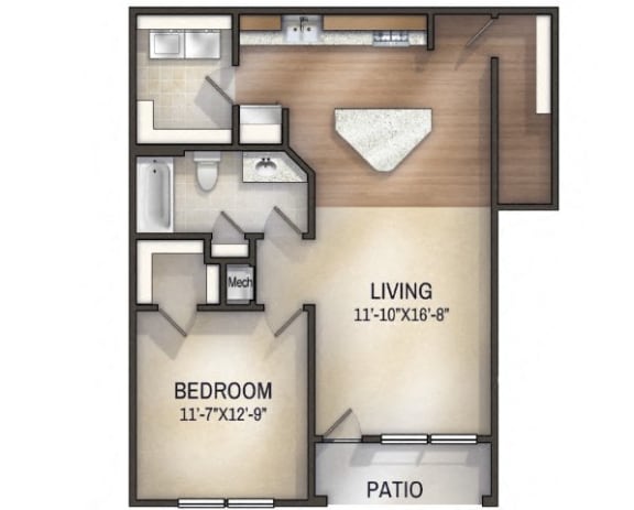 Paisley I One-Bedroom Floorplan Rendering at Tattersall Apartments in Chesapeake Virginia