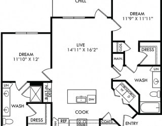 The Stillwater. 2 bedroom apartment. Kitchen with island open to living room. 2 full bathrooms, double vanity in master. Walk-in closet. Patio/balcony.