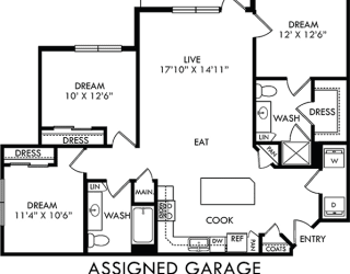 The Pecan Lodge with assigned garage. 3 bedroom apartment. Kitchen with island open to living/dinning rooms. 2 full bathrooms. Walk-in closet in master. Patio/balcony.