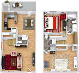 Brentwood 3D. 2 bedroom townhome. Kitchen ,living, and dinning rooms. 2 full bathroom + powder room, shower stall in master. Patio/balcony.