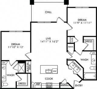 The Stillwater. 2 bedroom apartment. Kitchen with island open to living room. 2 full bathrooms, double vanity in master. Walk-in closet. Patio/balcony.