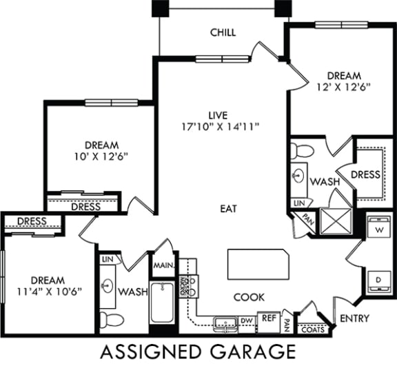 The Pecan Lodge with assigned garage. 3 bedroom apartment. Kitchen with island open to living/dinning rooms. 2 full bathrooms. Walk-in closet in master. Patio/balcony.