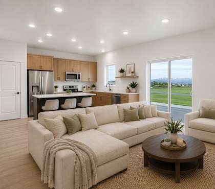 A modern living room with a large sectional sofa and a coffee table.