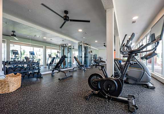 A gym with a variety of exercise equipment including treadmills, stationary bikes, and elliptical machines.