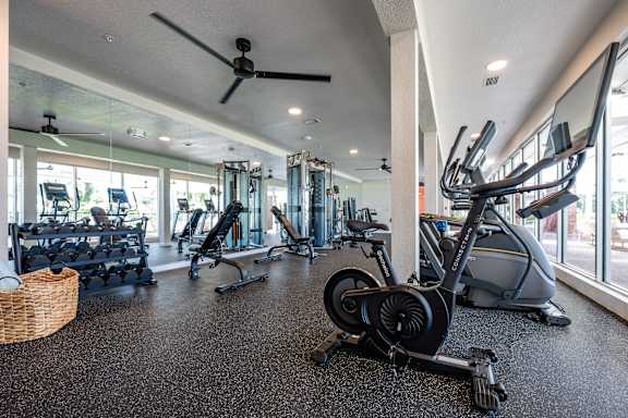 A gym with a variety of exercise equipment including treadmills, stationary bikes, and elliptical machines.