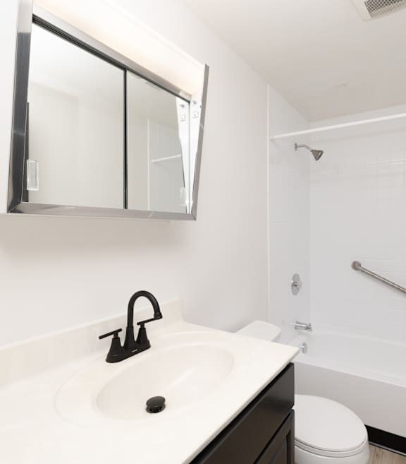 A white sink with a black faucet and a mirror above it.