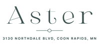 A black and white image of a logo with the word "Aster" and an address.