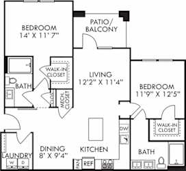 The Bailey. 2 bedroom apartment. Kitchen with island open to living/dinning rooms. 2 full bathrooms, double vanity in master. Walk-in closets. Patio/balcony.
