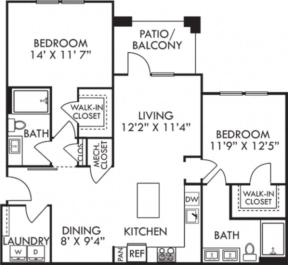 The Bailey. 2 bedroom apartment. Kitchen with island open to living/dinning rooms. 2 full bathrooms, double vanity in master. Walk-in closets. Patio/balcony.