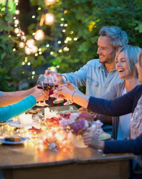 A group of people toasting with wine glasses at a dinner table.