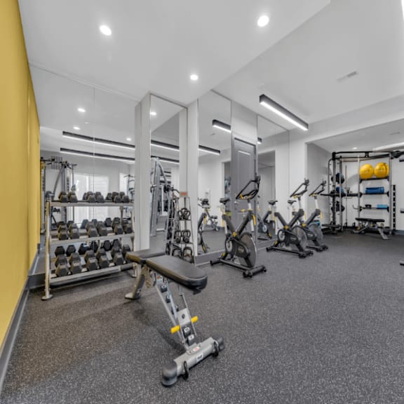 A gym with a variety of equipment including weights and cardio machines.