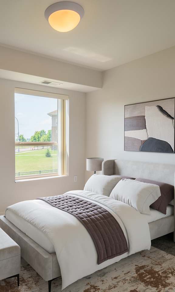 A bedroom with a large bed and a window overlooking a green lawn.