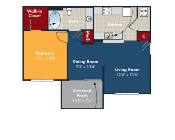 1 bedroom 1 bathroom Aqua Floorplan at Abberly Chase Apartment Homes by HHHunt, Ridgeland, 29936