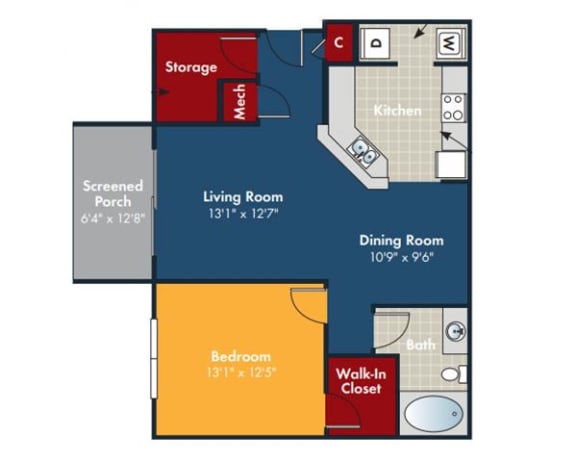 1 bedroom 1 bathroom Cobalt Floorplan at Abberly Chase Apartment Homes by HHHunt, Ridgeland, South Carolina