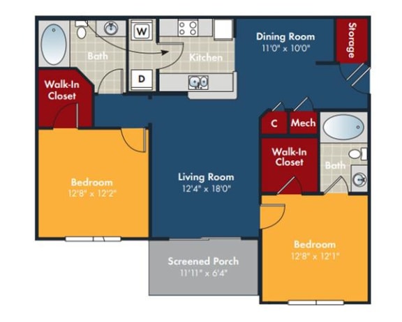 2 bedroom 2 bathroom Seabreeze Floorplan at Abberly Chase Apartment Homes by HHHunt, Ridgeland, SC, 29936