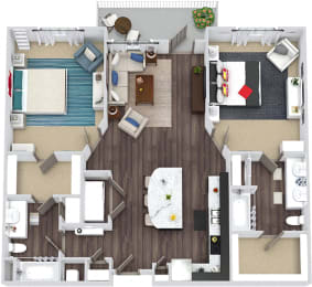 Umstead 3D. 2 bedroom apartment. Kitchen with island open to living/dinning room. 2 full bathrooms, double vanity in master. Walk-in closets. Patio/balcony.