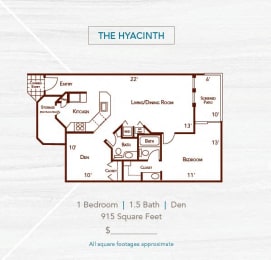 The Hyacinth 1 bed 1 and half bath 915 sq ft