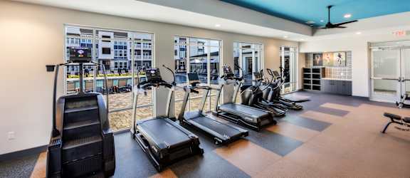 A gym with treadmills, elliptical machines, and a fan.
