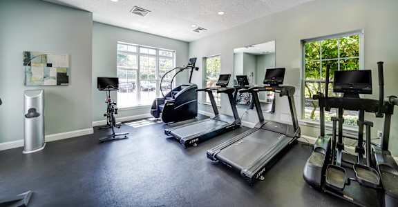 A gym with treadmills, elliptical machines, and a television.