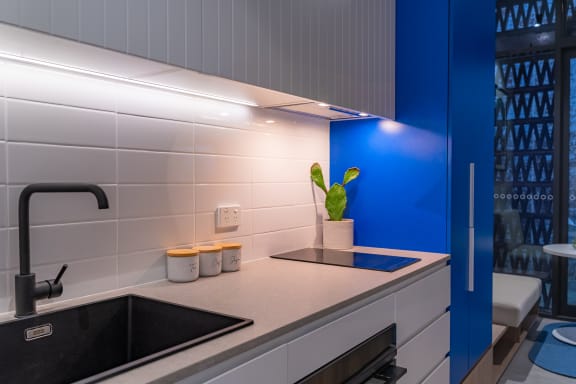 a kitchen with a sink and a blue accent wall