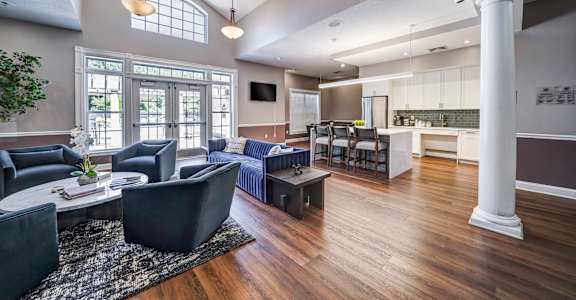 A living room with a dark blue sofa and a wooden floor.