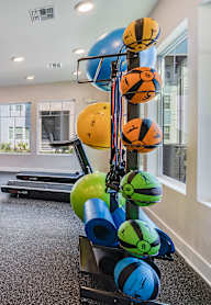 A spacious home gym with a variety of exercise equipment and a television.