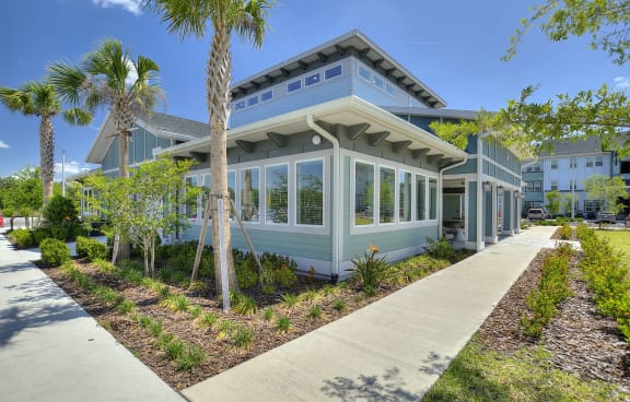 a blue house with a sidewalk and palm trees