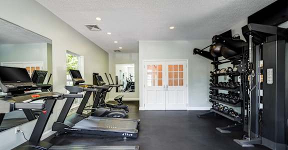 A gym with treadmills, weights, and mirrors.