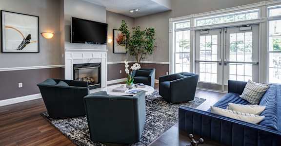 A living room with a fireplace and a television.