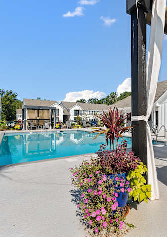 a swimming pool with a bunch of chairs around itat Baldwin Farms Apartments, Robertsdale, 36567