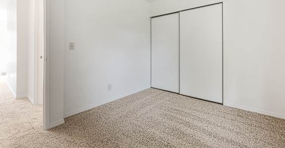 A room with a carpeted floor and a white wall with a sliding door.