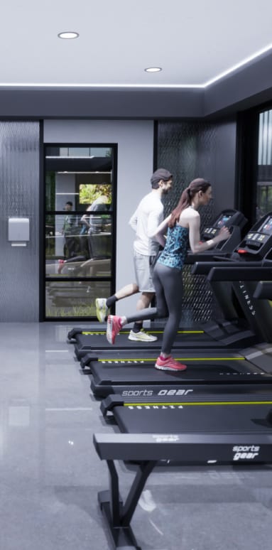 a woman and a man running on treadmills in a gym