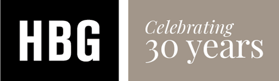 The image shows a logo with the letters "HBG" and text that reads "Celebrating 30 years".