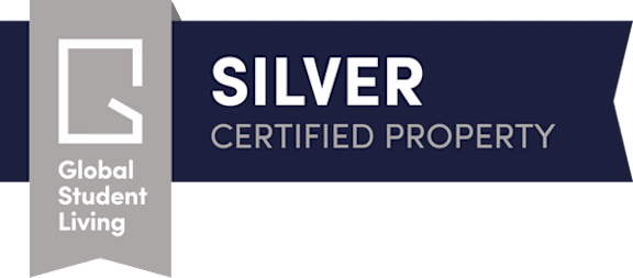 A ribbon banner with the words "SILVER CERTIFIED PROPERTY" and "Global Student Living".