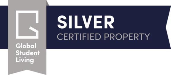 a blue and white sign with the words silver certified property