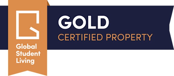 A ribbon banner with the words "GOLD CERTIFIED PROPERTY" and a logo for "Global Student Living".