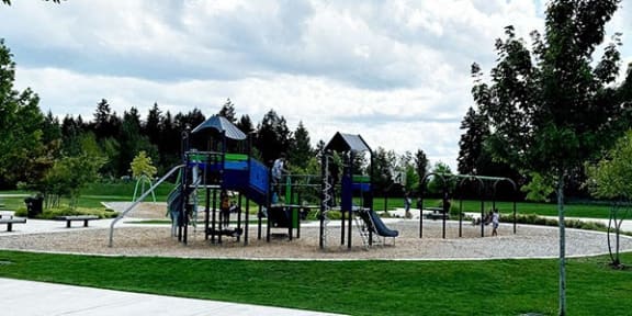 a playground with a blue playset in a park at Madison Sierra Sun, Puyallup, 98374