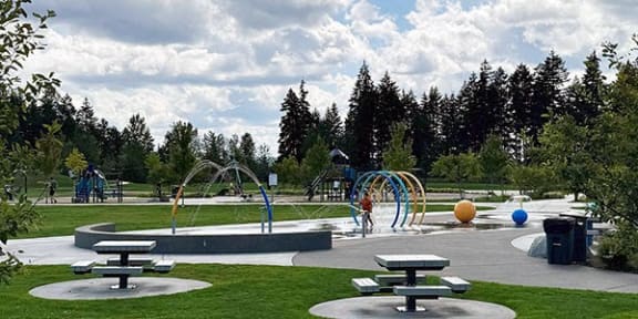 a park with a playground and picnic tables at Madison Sierra Sun, Puyallup, 98374